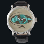 Mid Century Modern Globe Art Watch<br><div class="desc">Travel around the world with this Mid Century Modern Globe Art Watch. The design features an abstract oval globe with wood grain continents. The oceans are in shades of teal and turquoise. The globe is on a triangular wooden stand and the whole world is on a wheat coloured background.</div>