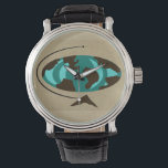 Mid Century Modern Globe Art Watch<br><div class="desc">Travel around the world with this Mid Century Modern Globe Art Watch. The design features an abstract oval globe with wood grain continents. The oceans are in shades of teal and turquoise. The globe is on a triangular wooden stand and the whole world is on a wheat coloured background.</div>