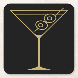 Mid Century Modern Gold 2 Olive Martini Square Paper Coaster