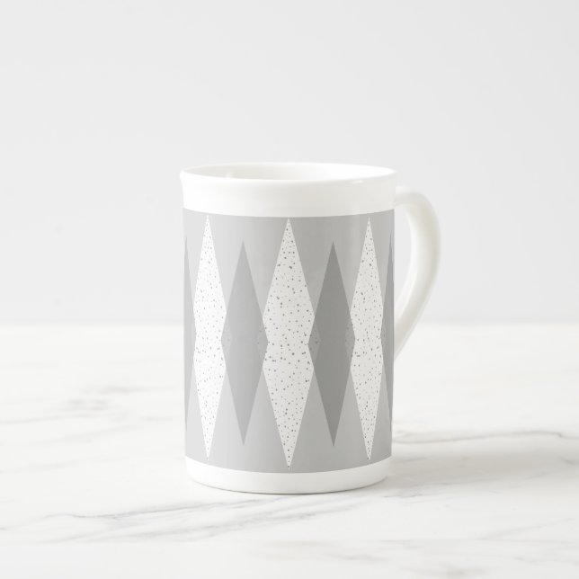 Mid Century Modern Grey Argyle Bone China Mug (Front Right)