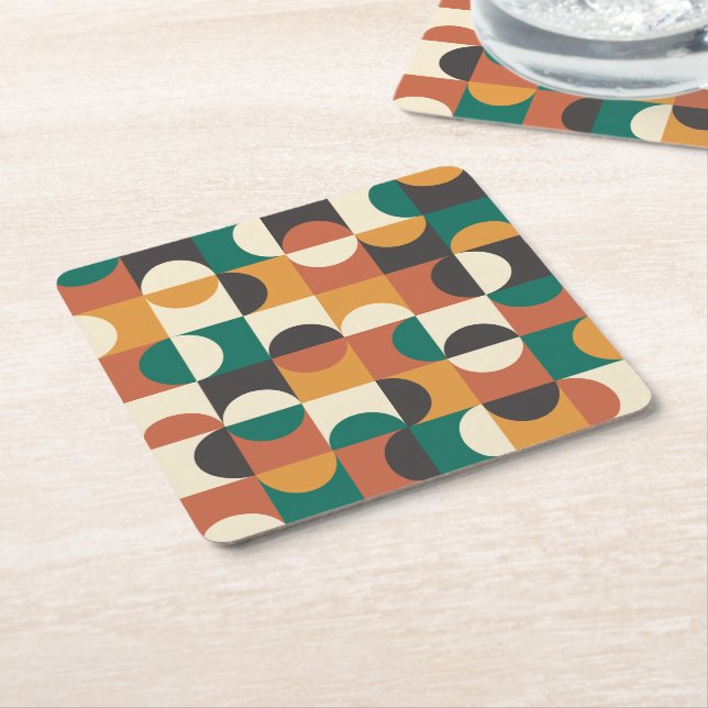 Mid Century Modern Half circles green and orange Square Paper Coaster (Angled)