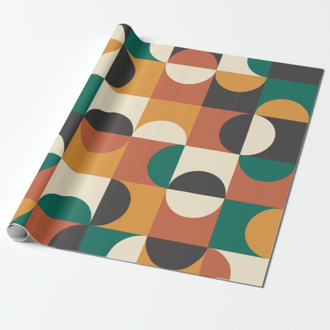 Mid Century Modern Half circles green and orange Wrapping Paper (Unrolled)