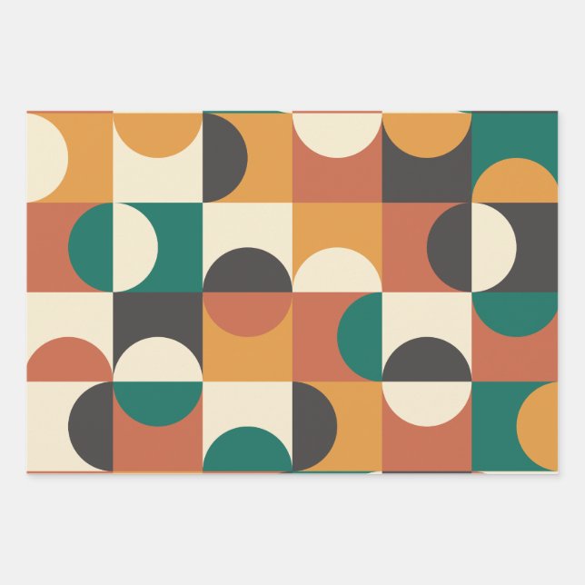 Mid Century Modern Half circles green and orange Wrapping Paper Sheet (Front)