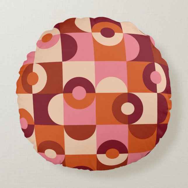 Mid Century Modern Half Circles Pink orange Round Cushion (Front)