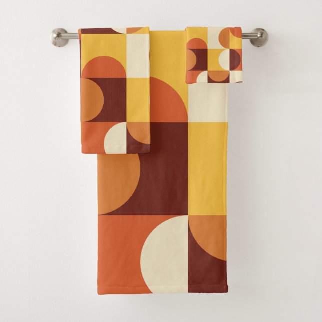 Mid Century Modern Half circles  yellow and orange Bath Towel Set (Insitu)