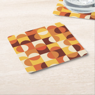 Mid Century Modern Half circles yellow Terracotta Square Paper Coaster