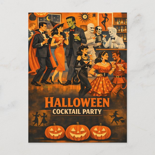 Mid Century Modern Halloween Martini Party Postcard (Front)