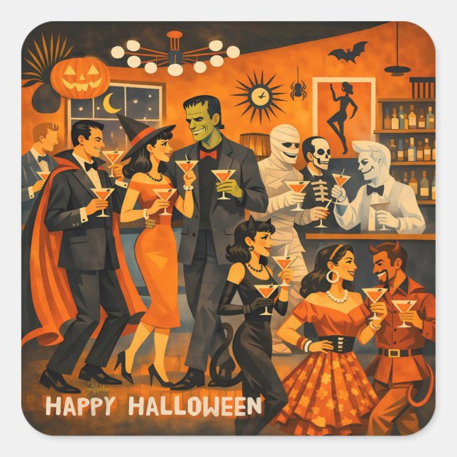 Mid Century Modern Halloween Martini Party Square Sticker (Front)