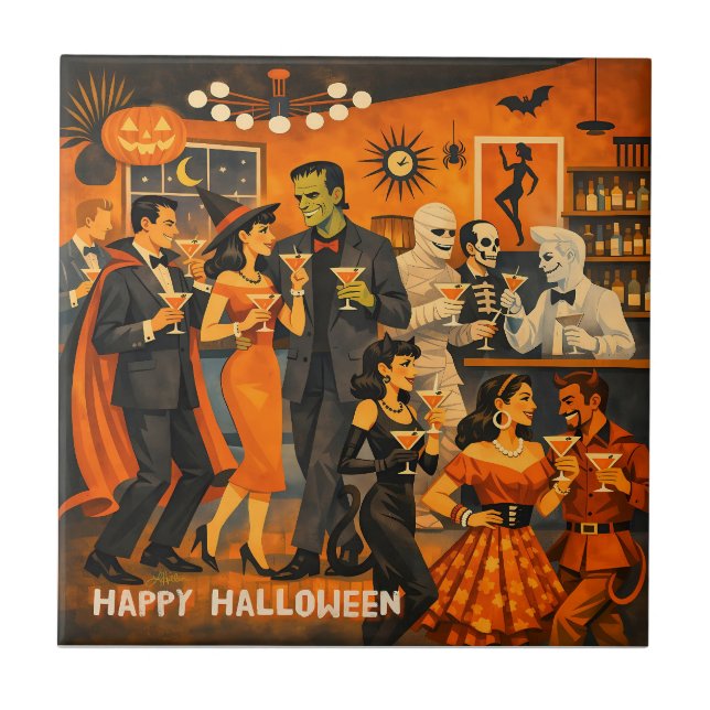 Mid Century Modern Halloween Martini Party Tile (Front)