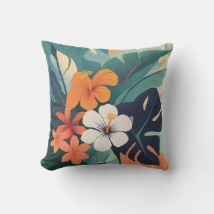 Mid-Century Modern Hawaiian Hibiscus and Plumeria  Cushion