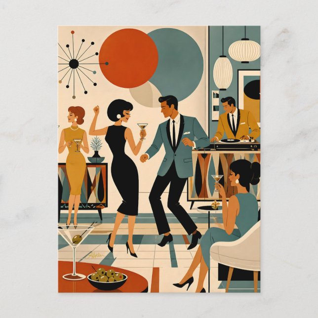 Mid Century Modern Hip Martini Dance Party Postcard (Front)