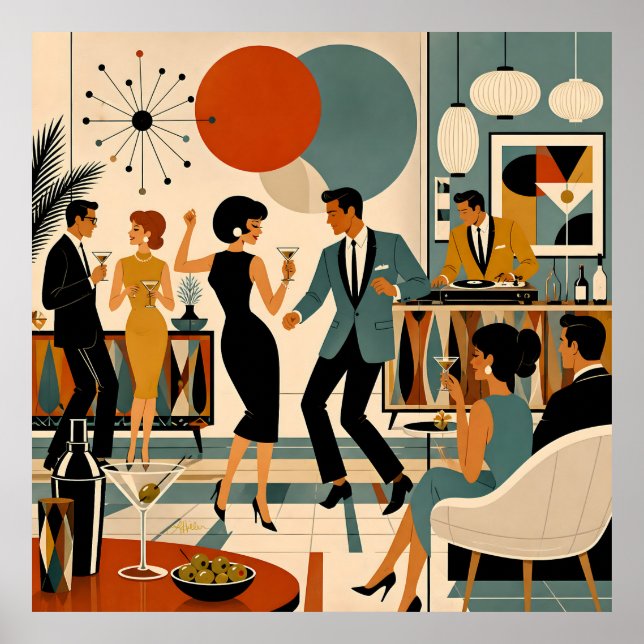 Mid Century Modern Hip Martini Dance Party Poster (Front)