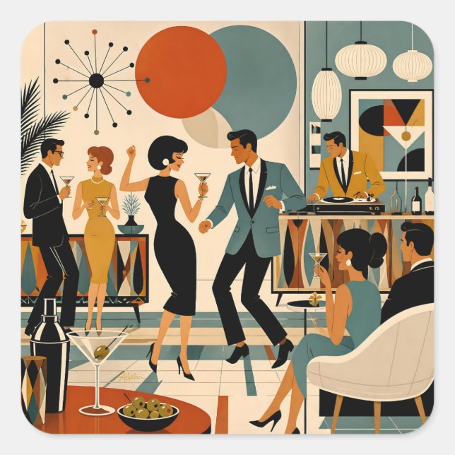 Mid Century Modern Hip Martini Dance Party Square Sticker (Front)