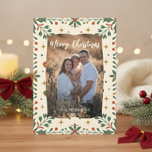 Mid-Century Modern Holly Photo Family Holiday Card