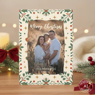 Mid-Century Modern Holly Photo Family Holiday Card