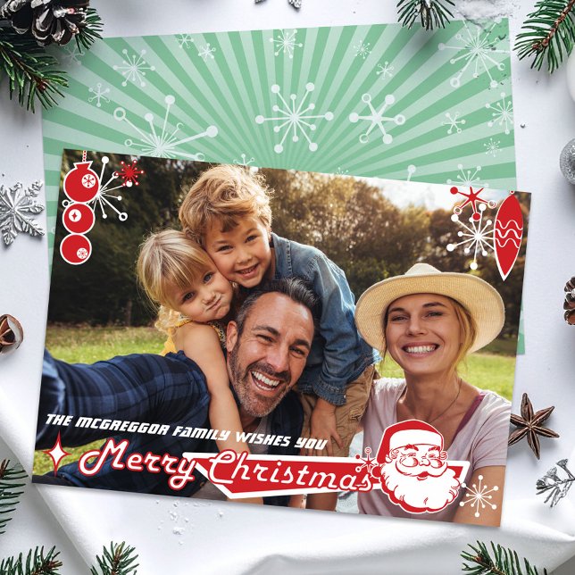 Mid-Century Modern Horizontal Christmas Photo Card (Mid-century Santa, flat simple photocard)