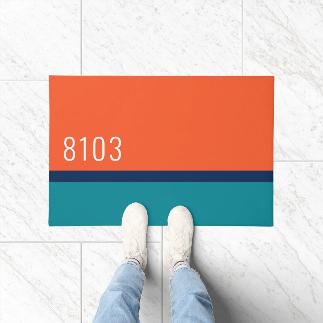 Mid Century Modern House Address Turquoise Red Doormat (Indoor)