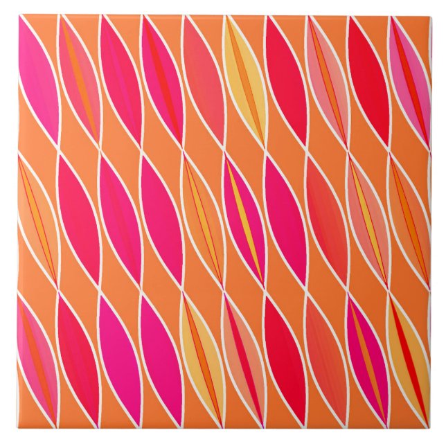 Mid Century Modern Leaves, Fuchsia Pink and Orange Tile (Front)