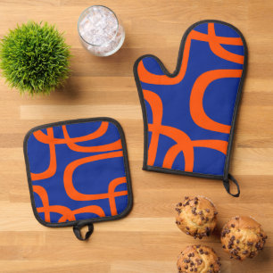 Mid Century Modern Loop Pattern Bold Blue Orange Oven Mitt & Pot Holder Set