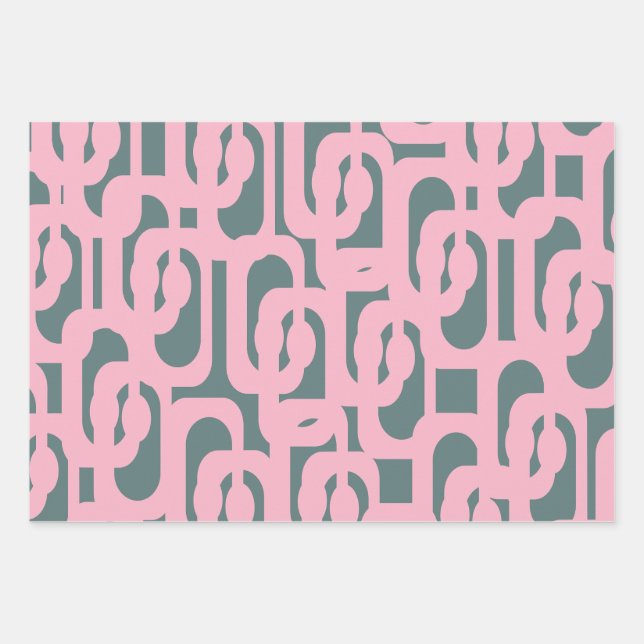 Mid Century Modern Loop Pattern Pink and Green Wrapping Paper Sheet (Front)