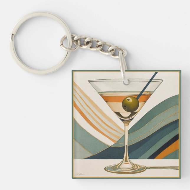 Mid Century Modern Martini Cocktail Hour Key Ring (Front)