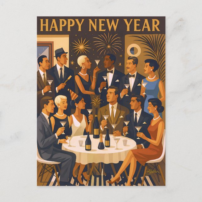 Mid Century Modern Martini Intellectuals New Year Postcard (Front)