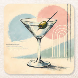 Mid Century Modern Martini Pastel Minimalist Art Square Paper Coaster