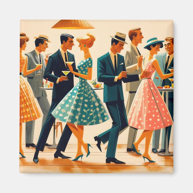 Mid Century Modern Martinis Dancing Cocktail Party Magnet (Front)