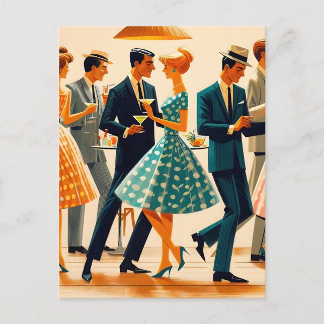 Mid Century Modern Martinis Dancing Cocktail Party Postcard (Front)