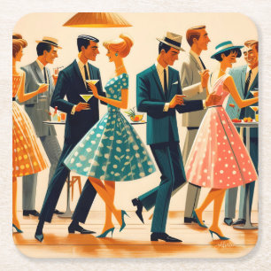 Mid Century Modern Martinis Dancing Cocktail Party Square Paper Coaster