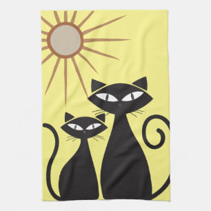 Mid Century Modern MCM Cool Black Cat  Tea Towel