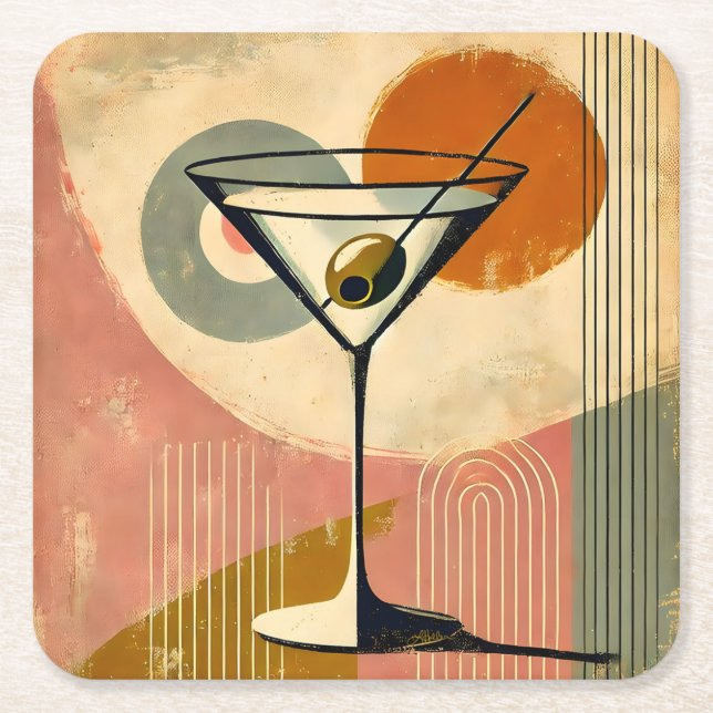 Mid Century Modern Minimalist Art Martini Square Paper Coaster (Front)