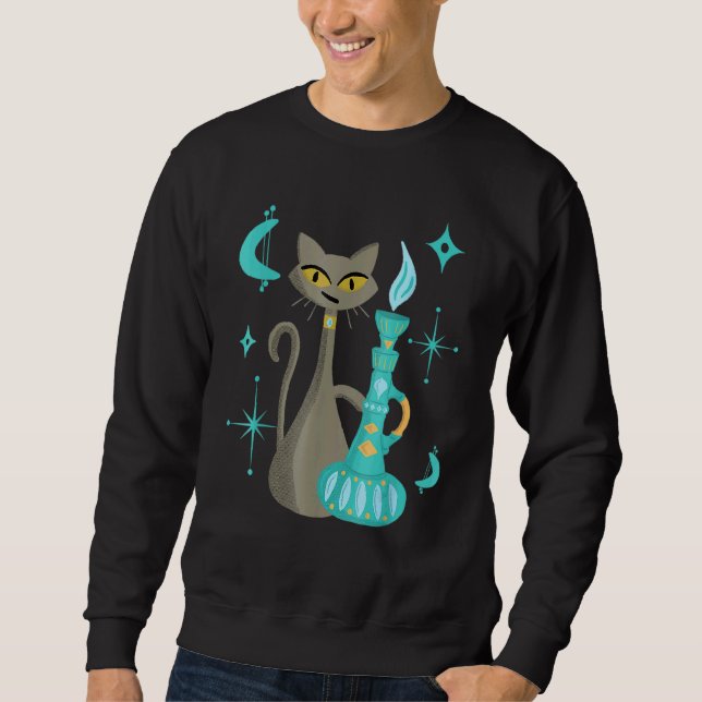 Mid Century Modern Mischievous Cat With Genie Lamp Sweatshirt (Front)