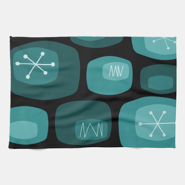Mid Century Modern Oblongs Black Teal Tea Towel (Horizontal)