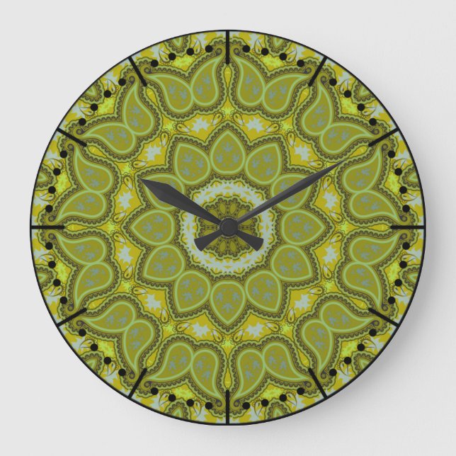 Mid Century Modern Olive Green Boho Paisley Large Clock (Front)