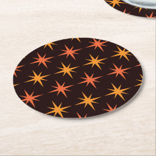 Mid Century Modern Orange and Amber Starbursts  Round Paper Coaster