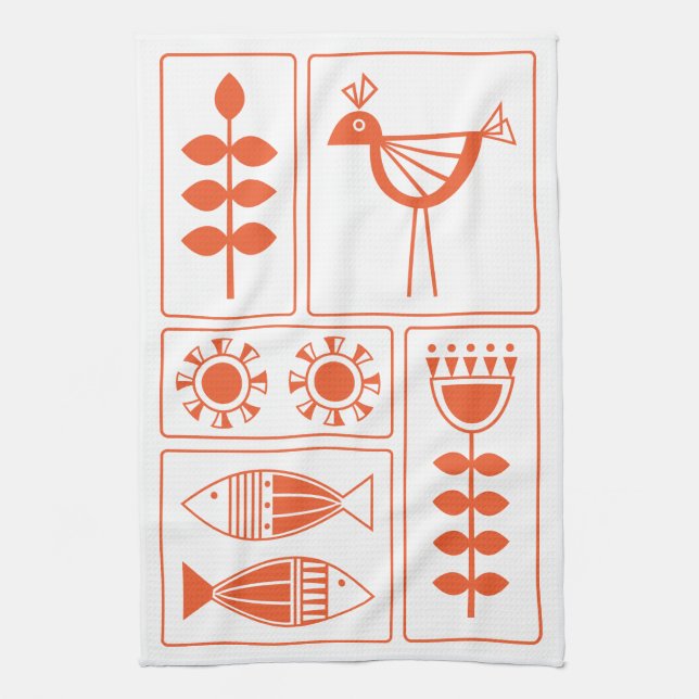 Mid Century Modern Orange Bird, Fish and Flowers K Tea Towel (Vertical)