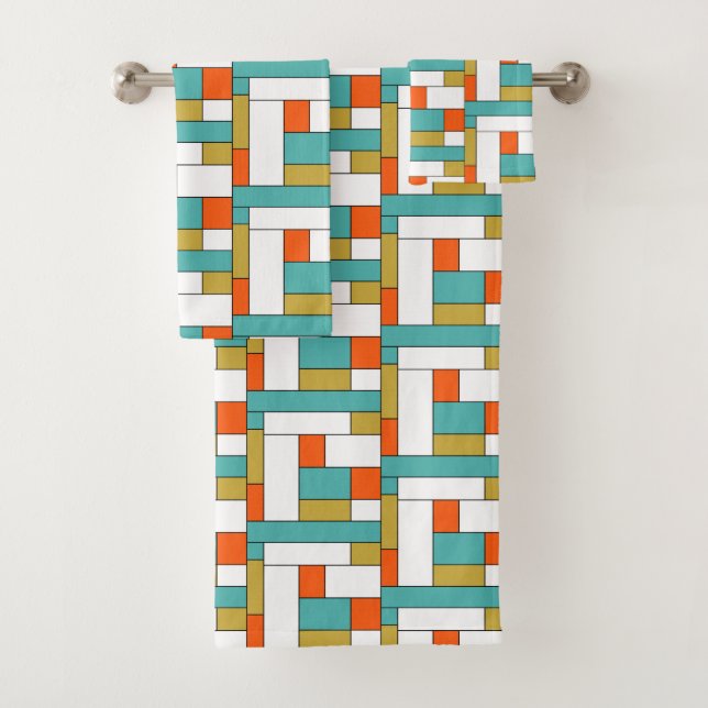 Mid Century Modern Orange Blue Gold Colour Block Bath Towel Set (Insitu)