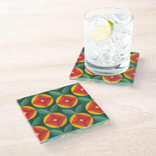 Mid Century Modern Orange Floral Pattern Glass Coaster