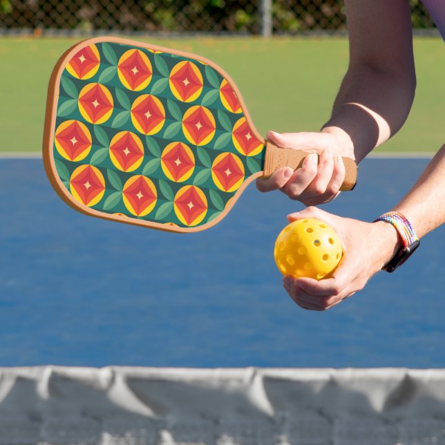 Mid Century Modern Orange Floral Pattern Pickleball Paddle (Insitu)