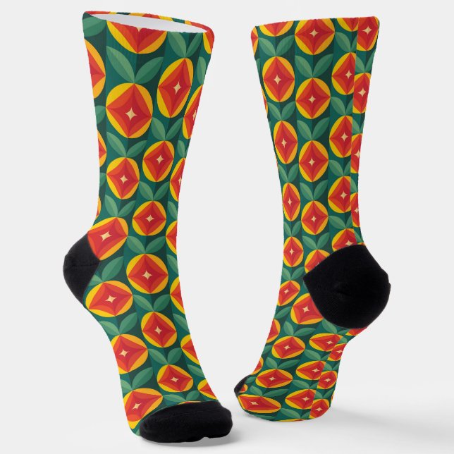 Mid Century Modern Orange Floral Pattern Socks (Angled)