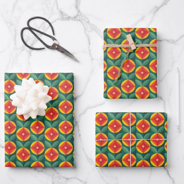 Mid Century Modern Orange Floral Pattern Wrapping Paper Sheet (Front)