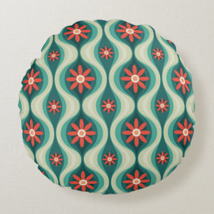 Mid-Century Modern: Orange Flowers Abstract Round Cushion