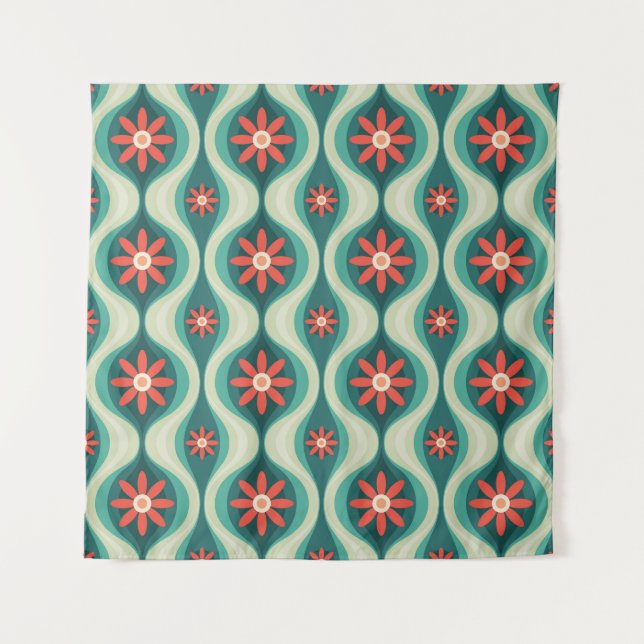 Mid-Century Modern: Orange Flowers Abstract Tapestry (Front)