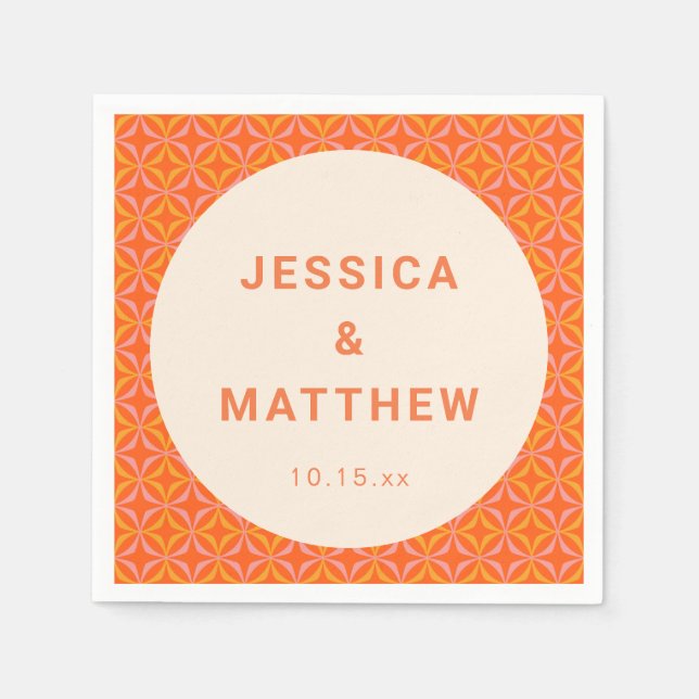 Mid Century Modern Orange Geometric Custom Wedding Napkin (Front)