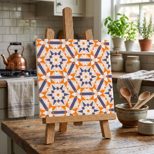 Mid Century Modern Orange Navy Blue Geometric Star Tile