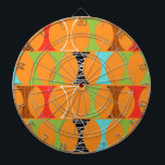 Mid Century Modern Orange Pattern Dart Board<br><div class="desc">Knock, knock. Who's there? Mid Century Modern Orange Pattern Dart Board! Hey, with a design this retro, you don't need a punch line. This perfectly mod pattern features a vibrant orange background and rows of an adorably kitschy shape in green, red, turquoise, black & white, and wood grain. The shape...</div>