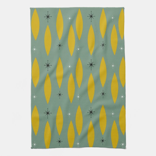 Mid Century Modern Ovals, Starbursts, Gold on Teal Tea Towel (Vertical)