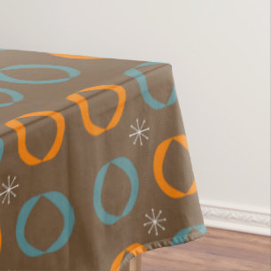 Mid Century Modern, Ovals, Stars Teal Orange Brown Tablecloth