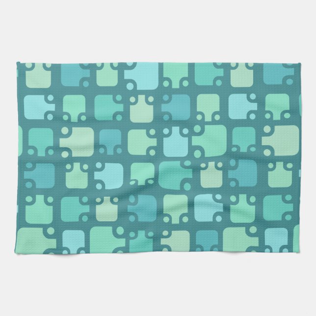 Mid Century Modern Pattern Ocean Blue Tea Towel (Horizontal)